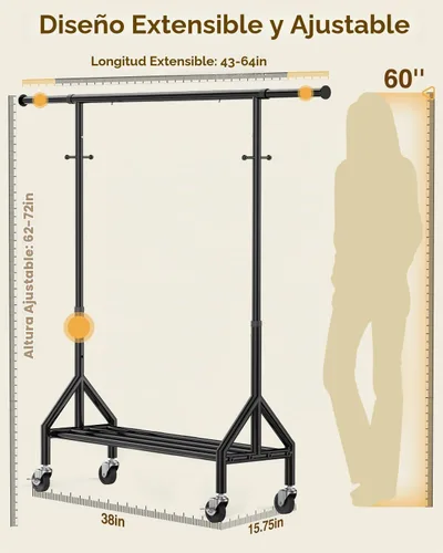 Vista 5 de Perchero de ropa resistente con carga de 520 libras, perchero ajustable con ruedas resistentes, percheros industriales de metal para colgar ropa