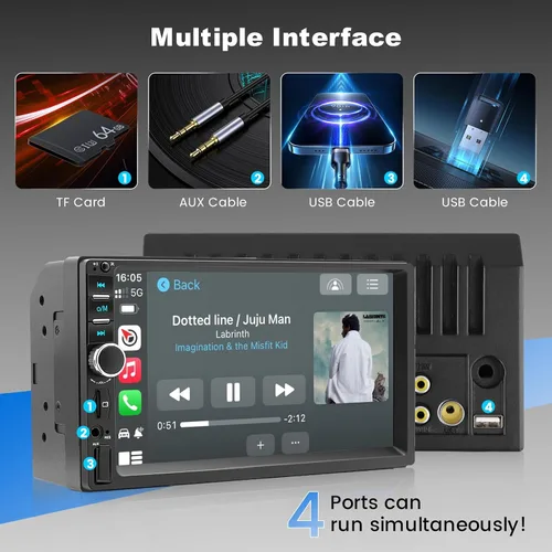Vista 3 de Estéreo de auto doble DIN con Apple CarPlay y Android Auto, radio de coche con pantalla táctil HD de 7 pulgadas, receptores de audio Bluetooth