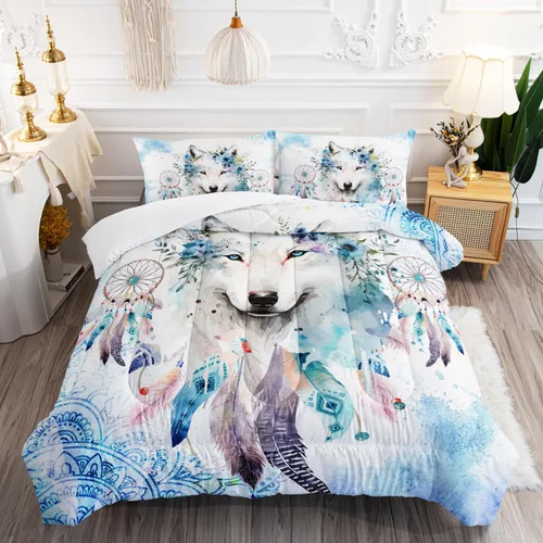Vista 19 de AILONEN Juego de edredón con cabeza de lobo impresa tamaño individual, juego de ropa de cama de lobo para la noche para niños y hombres, juego