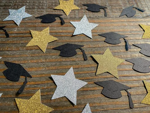 Vista 3 de Silver and Gold Stars and Black Graduation Cap Graduation Party Confetti