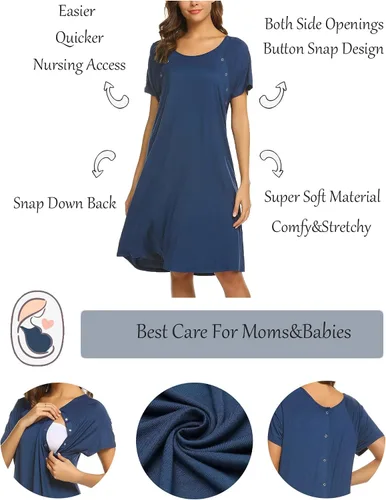 Vista 2 de Ekouaer - Camisón con botones y manga corta para mujer, vestido para lactancia, parto, hospital y maternidad, tallas S-XXL