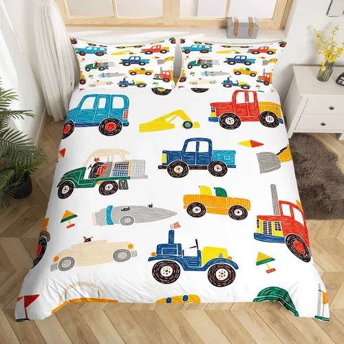 Vista 12 de Erosebridal Juego de funda de edredón de tren de dibujos animados para niños, color rojo y azul, funda de edredón de vehículos para niños