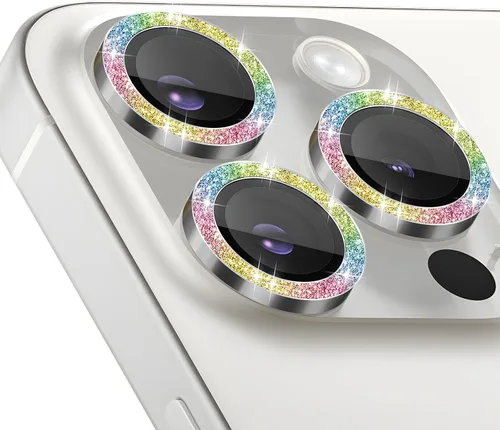 Vista 18 de Protector de lente de cámara para iPhone 15 Pro/15 Pro Max, protector de lente de anillo de cámara de vidrio templado individual con bandeja