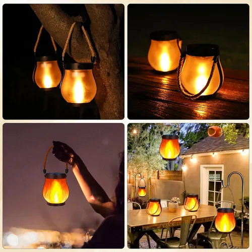 Vista 7 de Faroles solares impermeables para exteriores, paquete de 2 faroles solares de llama bailarina, luces para exteriores, funciona con USB/energía