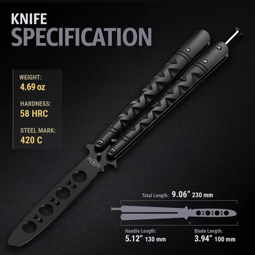 Vista 3 de GOOD WORKER Cuchillo Mariposa - Entrenador Balisong - Entrenador de Mariposa de Práctica Negro con Pestillo de Resorte Seguro - Cuchillos Balisong