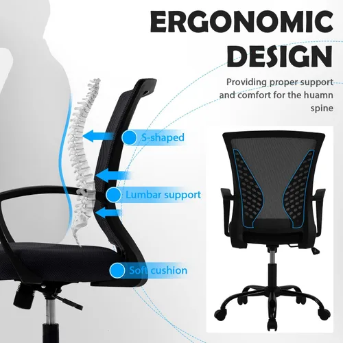 Vista 4 de Silla de oficina ergonómica con soporte lumbar, silla de computadora de malla ajustable para oficina en casa, silla giratoria de respaldo medio