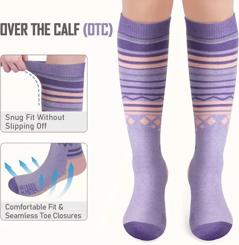 Vista 4 de 2 paquetes de calcetines de esquí de lana de merino, sobre la pantorrilla (OTC) antideslizantes para hombres y mujeres