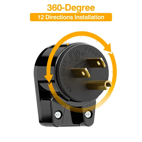 Vista 2 de ETL Verified Nema 5-15P Enchufe de ángulo recto de 90 grados - 15A, 125V, negro, enchufe de CA de ángulo recto de 3 clavijas de EE. UU