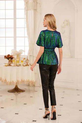 Vista 5 de GRACE KARIN Blusas de lentejuelas para mujer, manga corta, cuello redondo, cintura elástica, péplum, Azul Verde