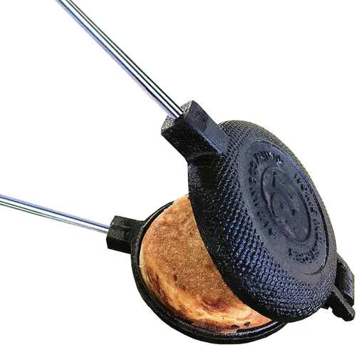 Vista 2 de Hierro redondo para tartas de Roma con asas de acero y madera equipo de cocina-camping
