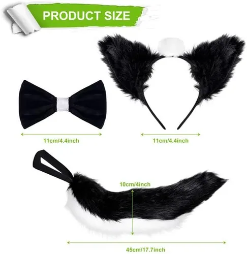 Vista 2 de JieyueJewelry Juego de 4 piezas de disfraz de mofeta para cosplay, disfraz de animales, orejas de zorrilla, cola, corbatín y guantes de garra