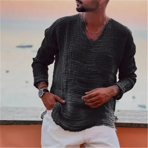 Vista 2 de Camisas casuales de lino para hombre, de manga larga, cuello en V, a la moda, playa, vacaciones, sueltas, lisas, ligeras, básicas