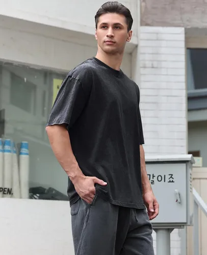Vista 4 de Camisetas de algodón para hombre, de gran tamaño, unisex, de manga corta, casual, holgada, estilo deslavado, unicolor, básicas