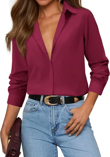 Vista 9 de siliteelon Camisas con botones para mujer, camisa de vestir de algodón de manga larga con cuello, camisa de negocios, trabajo, oficina, blusa