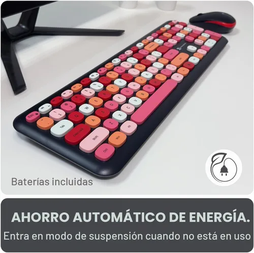 Vista 4 de X9 - Lindo teclado y mouse inalámbricos, teclado y mouse coloridos de 2.4 G con máquina de escribir multicolor retro, teclas para teclado de Negro
