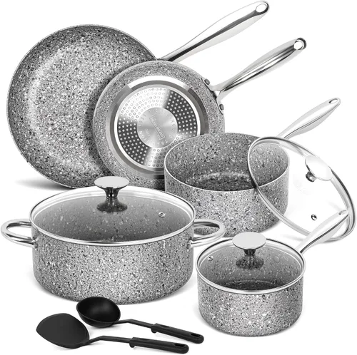 Vista 8 de MICHELANGELO Stone - Juego de utensilios de cocina de 10 piezas, ollas y sartenes ultra antiadherentes con revestimiento derivado de piedra