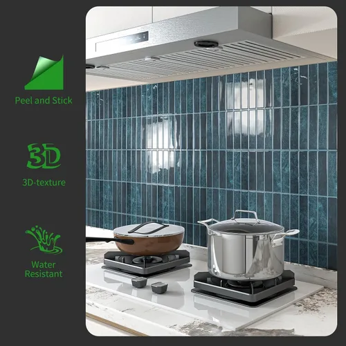 Vista 5 de LONGKING 10 hojas azules de despegar y pegar para pared de cocina, azulejos de pared contra salpicaduras de cocina, azulejos impermeables para baño