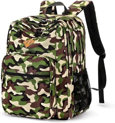 Vista 28 de ZORFIN - Mochila de 26 litros para la escuela, universidad y viajes, impermeable, con 8 compartimentos, Verde militar, Moderno