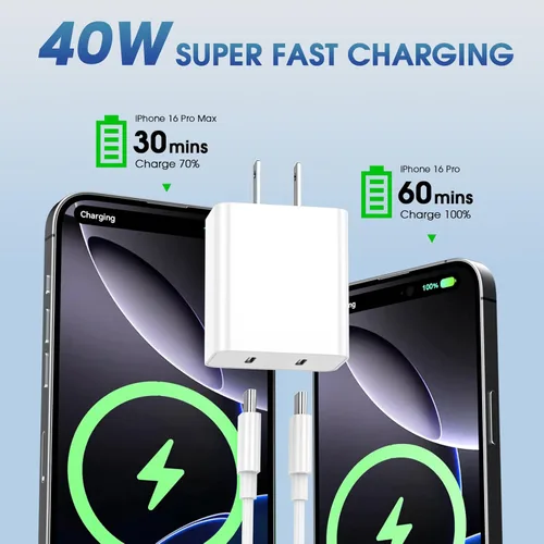 Vista 2 de Cargador para iPhone 17 Pro Max de carga rápida, 40 W Dual USB C Bloque de carga rápida con cable de carga tipo C de 6 pies para iPhone 17/17 Pro/17