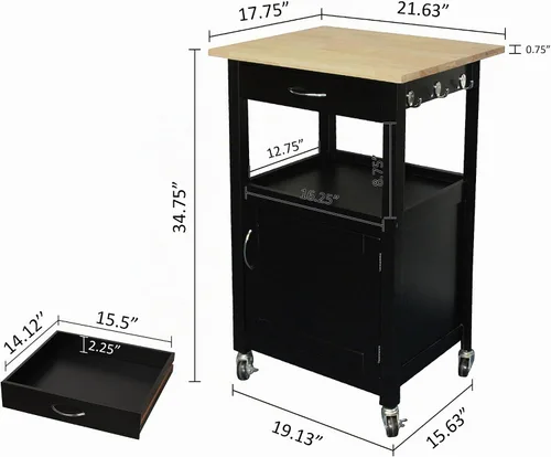 Vista 8 de eHemco carro para cocina con parte superior de madera natural y base de color blanco, Madera Noble, Negro