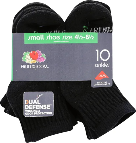 Vista 4 de Fruit of the Loom Paquete de 10 calcetines de tobillo de doble defensa para niños color negro talla de zapato para niños 6-75 10 pares paquete de 1