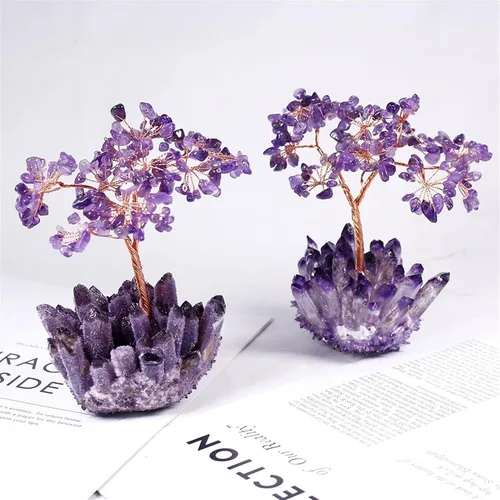 Vista 5 de Árbol de piedra preciosa de árbol de la suerte, árbol de cristal Amatista, árbol de gema de cuarzo, base de cristal, bonsái, decoración de oficina