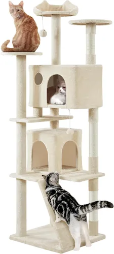 Vista 18 de Yaheetech - Torre de árbol para gatos de 62 pulgadas, torre para gatitos de interior, muebles para mascotas con doble refugio, postes para rascar