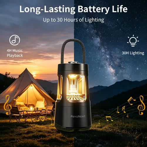 Vista 9 de Revonext - Linterna de campamento con altavoz Bluetooth, altavoz inalámbrico impermeable para exteriores con luz ambiental de doble color, altavoz