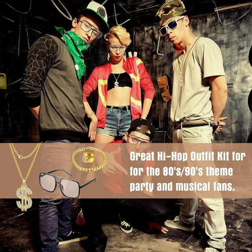 Vista 6 de Lemosae 4 piezas de disfraz de hip hop, collar con colgante de signo de dólar, anillo de cadena dorada con gafas, accesorios de rapero de los años