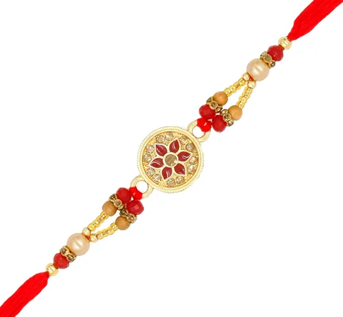 Vista 4 de Kundan Rakhi de alta calidad para hermano multicolor, hermoso y de diseño, hilo Raksha Bandhan Rakhi para amar hermano Bhai RURAKH0036, Metal, Sin