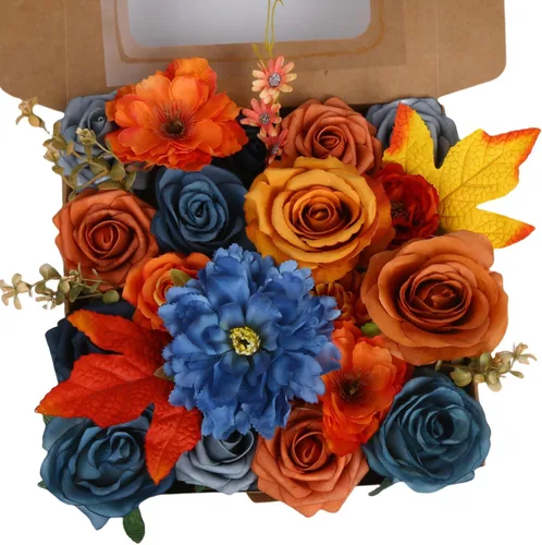 Vista 18 de Caja de flores artificiales azul marino, rosas de dalias de seda con tallos para manualidades, ramos de boda, centros de mesa, arreglos, decoración