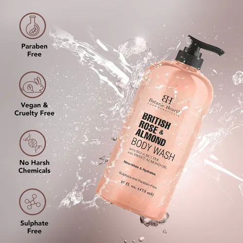 Vista 6 de Botanic Hearth Gel de ducha British Rose & Almond – Gel de ducha hidratante con manteca de karité, limpiador suave y rehidratante, libre de sulfatos