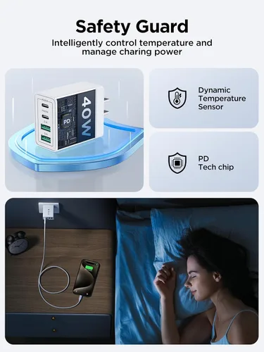 Vista 4 de [Paquete de 2] Bloque de cargador de pared USB C, 40 W, 4 puertos, cargador USB C súper rápido, adaptador de corriente PD de doble puerto, enchufe