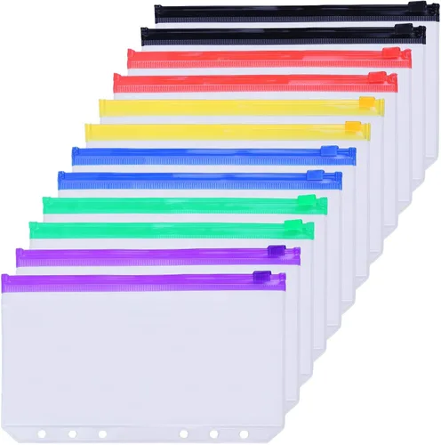 Vista 8 de Antner 12 bolsillos para carpeta A5, sobres de efectivo de 6 agujeros para carpeta A5 de 6 anillas, bolsas con cremallera multicolor para insertos