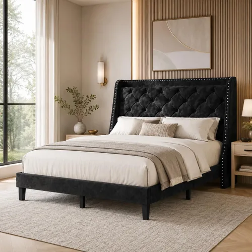 Vista 8 de SUNLEI Base de cama Queen con cabecera de almacenamiento, base de cama tapizada de terciopelo con cabecera copetuda con respaldo de alas, soporte