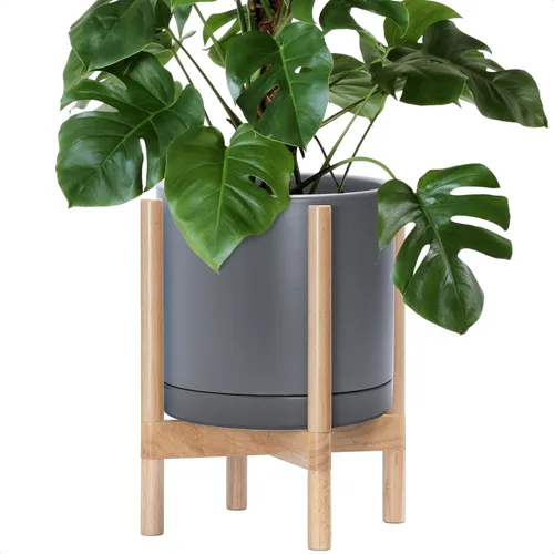 Vista 45 de D'vine Dev Maceta de cerámica con soporte de ébano – Maceta redonda moderna de 8 pulgadas con soporte para maceta de madera, color negro, 55-B-M-2