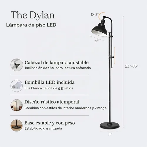 Vista 4 de Brightech Dylan - Lámpara de pie industrial para salas de estar y oficinas, luz LED brillante, encantadora lámpara de pie de granja, lectura