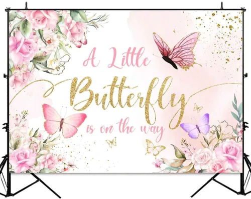 Vista 2 de Sensfun Telón de fondo de mariposa para baby shower con texto en inglés "A Little Butterfly is on the Way" (La pequeña mariposa está en camino)