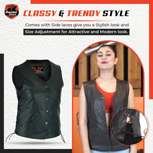 Vista 3 de Daniel Smart Motorcycle Vest for Women Open Neck Leather Vest with Unique Design and Inside Carry Pockets