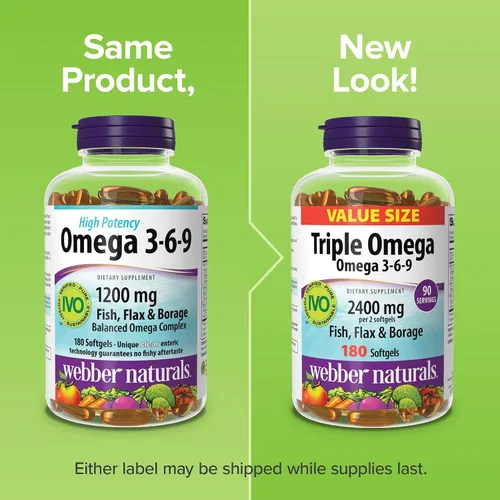 Vista 6 de Webber Naturals Triple Omega 3 6 9, 2400 mg de aceite de pescado por porción, alta potencia, 180 cápsulas blandas, sin regusto a pescado