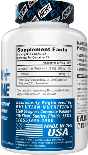 Vista 2 de Suplemento de magnesio L teanina – Evlution Nutrition magnesio calmante para la mente y el cuerpo con mezcla de L-teanina para apoyar la relajación