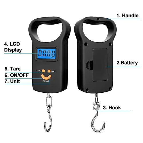 Vista 3 de SKEAP Báscula digital para equipaje, 110 libras / 110.2 lbs, pantalla LCD retroiluminada, báscula de pesca con 2 pilas AAA incluidas, regalos