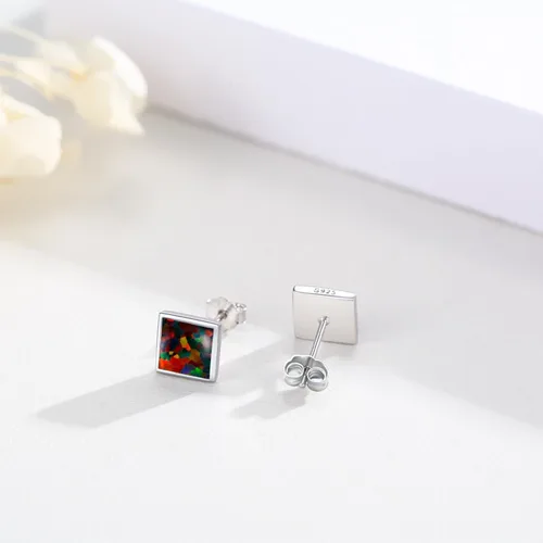 Vista 2 de Aretes de ópalo de fuego negro, plata de ley 925, aretes cuadrados negros, joyería de ópalo, regalos de cumpleaños y Navidad para mujeres, Plata
