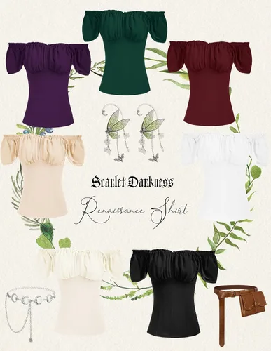 Vista 7 de Scarlet Darkness Camisa Renacentista para Mujer con Hombros Descubiertos y Mangas Cortas con Volantes, Blusa Campesina de Verano con Cuello Cuadrado