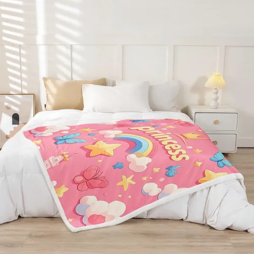Vista 2 de Princess Flannel Blanket All Seasons,Rainbow Cloud Stars Butterfly Bed Blanket for Kawaii Home Decor,Dreamy Fairy Tale Castle Blanket for Kids Girls