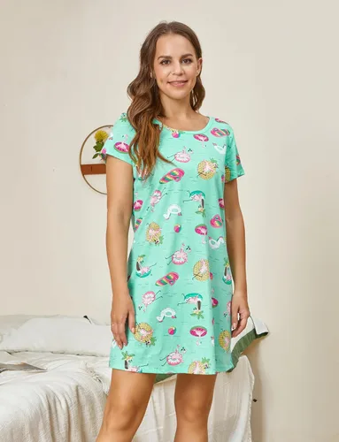 Vista 4 de PNAEONG - Camisón de algodón para mujer, de manga corta y con estampado, ropa de dormir informal