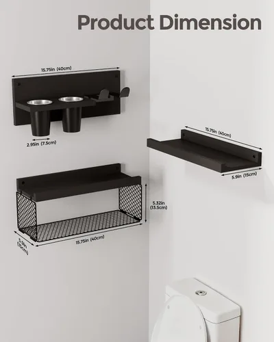Vista 3 de Puricon Estantes flotantes de baño con soporte para secador de pelo, juego de organizadores de madera rústica de 3 niveles montados en la pared