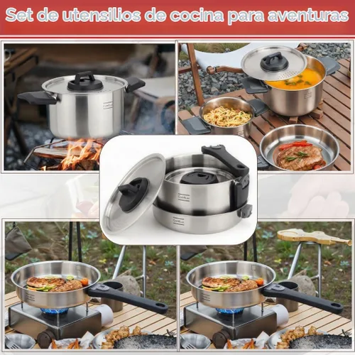 Vista 8 de Juego de utensilios de cocina de acero inoxidable para acampar, sartén con mango desmontable, ollas anidables para mochileros, campamento y cocina