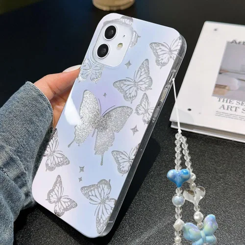 Vista 6 de Abbery - Funda diseñada para iPhone 12/12 Pro con purpurina, transparente y linda con diseño de mariposa, correa para la muñeca, brillante