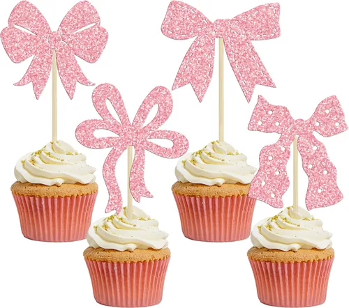 Vista 16 de Ephlyn 24 adornos para cupcakes con lazo para decoración de pastel de cumpleaños, decoración de fiesta de cumpleaños para niñas, decoración de Negro